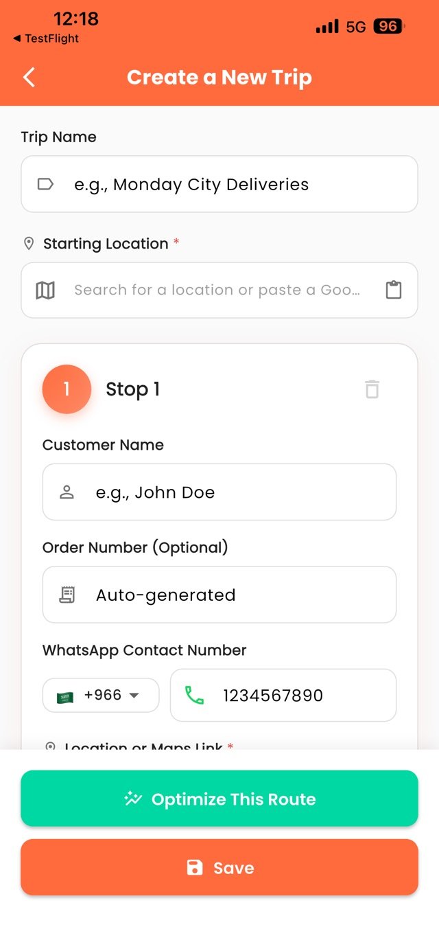 Route Optim app: create a trip and enter delivery stop details
