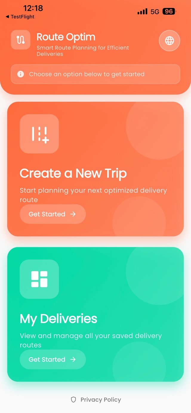 Route Optim app home screen with trip creation and saved deliveries